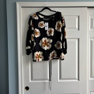 NWT Lafayette 148 New York Black Floral Silk Blouse